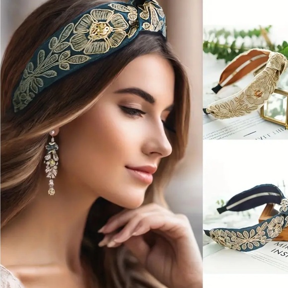 Burgundy Vintage Style Floral Embroidered Knotted Headband - Picture 3 of 4